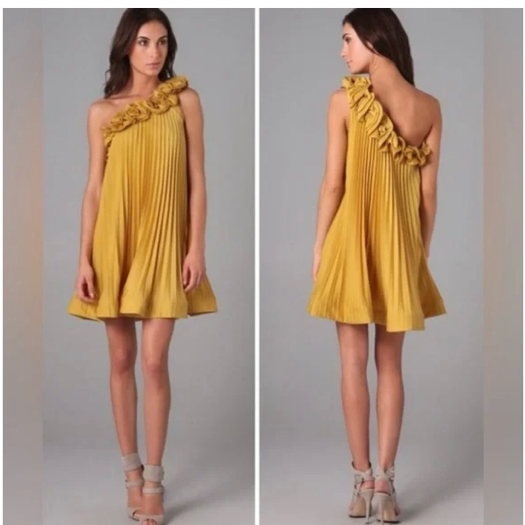 Bcbgmaxazria One-Shoulder Mustard Pleated Mini Dress With Ruffle Accent